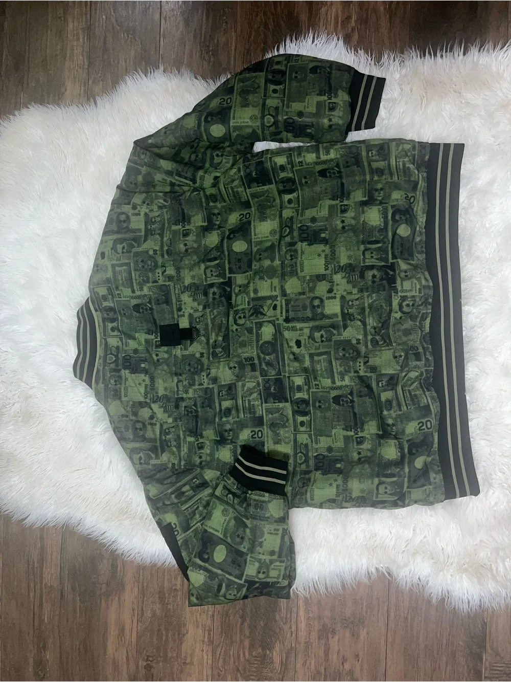 5XL Men’s Green Money-Print Bomber Jacket with Orange Lining